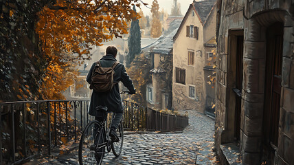 A classical-looking man with a backpack and a coat, carefully leading a bicycle uphill, an old town street with brick walls and iron railings, muted colors of the environment.