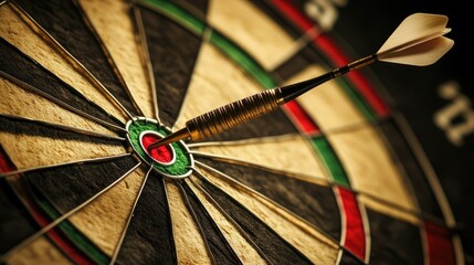 Close-up of a dart hitting the exact center of a dartboard, illustrating targeted business success