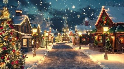 A Christmas village with snow-covered rooftops, colorful lights and festive decorations. Christmas tree in the street