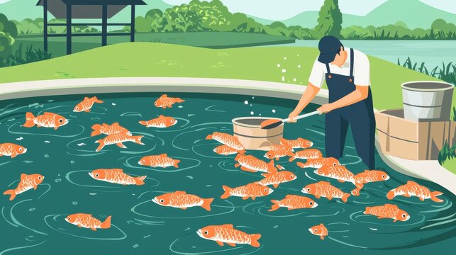 Fish pond management, vector art, farmer feeding fish, productivity in fish farming