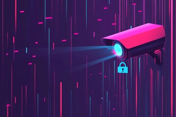 Security camera scanning abstract data with padlock icon on digital background