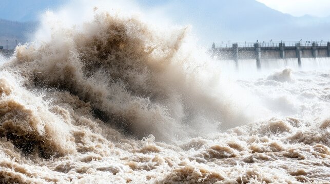 Swollen River Crashing Against the Dam