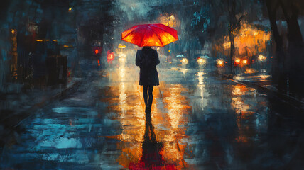 A man walks alone in the rain on a quiet street, holding a bright umbrella, the wet pavement shines, melancholic and introspective mood, photorealistic.