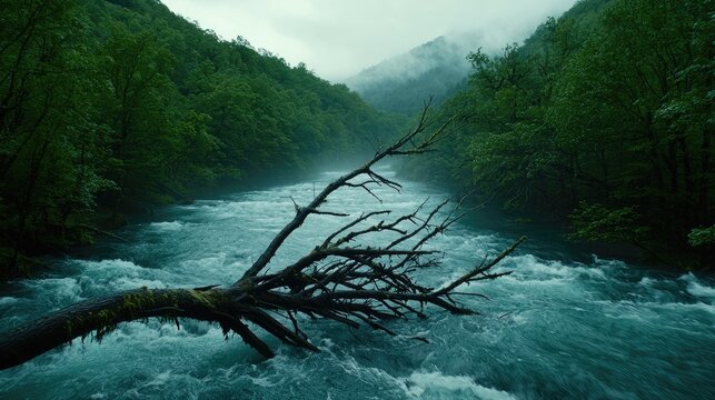 Rushing Water Through Dense Forest Landscape