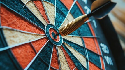 Close-up of a dartboard with a dart embedded in the center, symbolizing precise business objectives