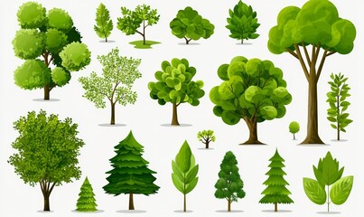 Forest plants with foliage. Cartoon forest plants with foliage. Botanical garden plants elements, flat set.