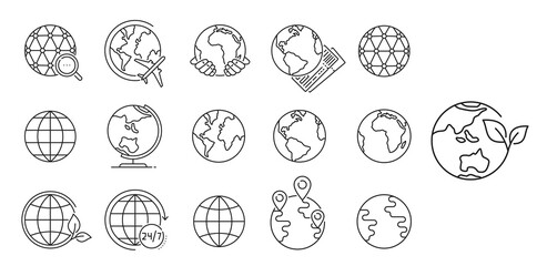 World globe or planet line icons with leaf, location pin and plane, vector outline symbols. Planet earth in hands for environment conservation, airline travel or internet global search magnifier icon