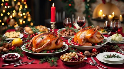 an image of a thanksgiving dinner table with a turkey, pie, and other, victorian thanksgiving feast, vegetables on table and candle, istock