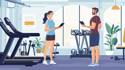 Gym membership consultation, vector art, sales professional advising potential client