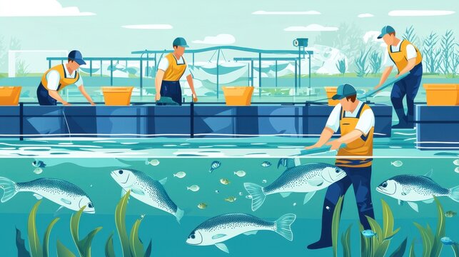 Fish nursery management, vector illustration, young fish being raised, aquaculture team