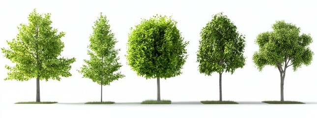 Frontal set of cherry fruit trees on a street with summer trees (Prunus cerasus, Prunus avium) on a transparent background.