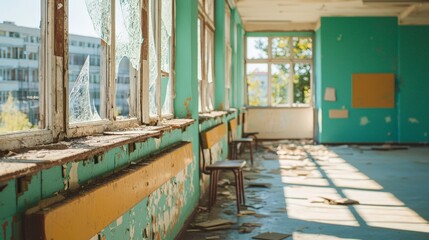 Abandoned Classroom with Broken Windows and Sunlight Streaming Through - Post-Apocalyptic Atmosphere