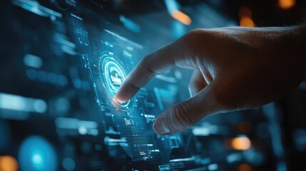 Obraz premium Close-up of a finger touching a virtual business interface, framed in full frame to highlight technology and strategy integration