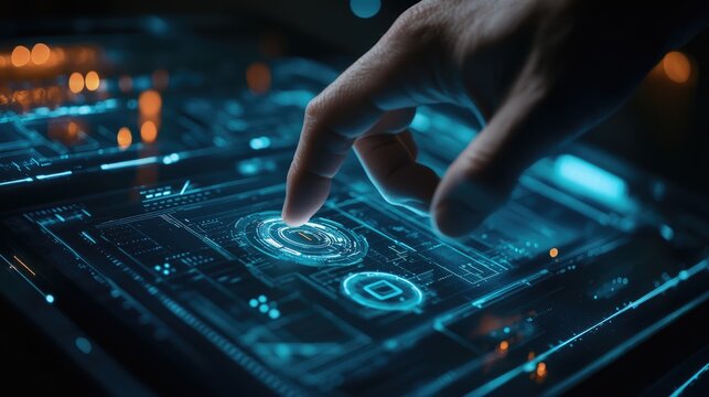 Close-up of a finger touching a virtual business interface, framed in full frame to highlight technology and strategy integration