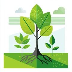 Isolated white background illustration of a living tree with roots and leaves.