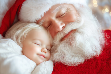 Obraz premium A joyful moment between Santa Claus and a young child during a cozy holiday celebration
