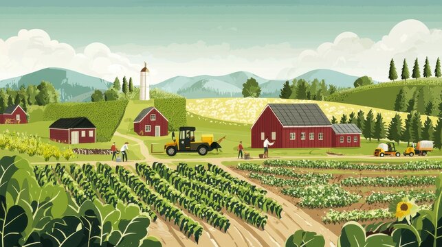 Community-supported agriculture, vector illustration, farmers and consumers working together