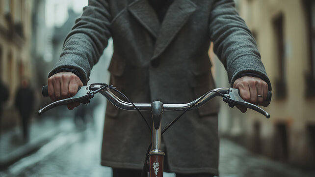 Close-up of a man in an overcoat, his hands firmly grasping the handlebars of a bicycle as he walks uphill on a narrow street, urban background overcast lighting.