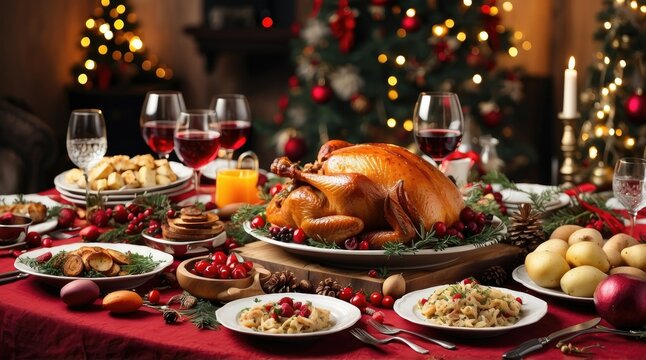 an image of a thanksgiving dinner table with a turkey, pie, and other, victorian thanksgiving feast, vegetables on table and candle, istock