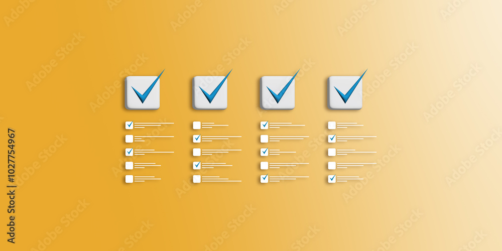 Aufkleber Creative four to do lists with checkmarks on orange background. Quality Control, Goal achievement and business success concept, task completion. 3D Rendering.