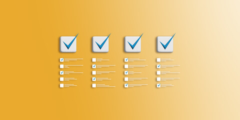 Creative four to do lists with checkmarks on orange background. Quality Control, Goal achievement and business success concept, task completion. 3D Rendering.