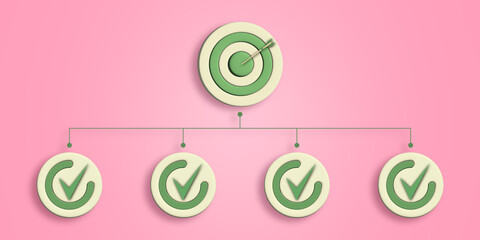 Small goals to target achievement. Successful project plan concept. Creative pink banner. 3D Rendering.