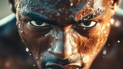 Close-up of a runner determined face with high detail on expressions and sweat during a race