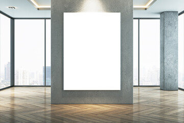 Modern spacious interior with empty white mock up banner on wall, wooden flooring, panoramic...
