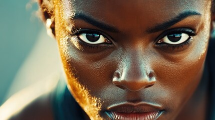 Close-up of a runner's face in mid-race, with high detail on their intense focus and athletic gear