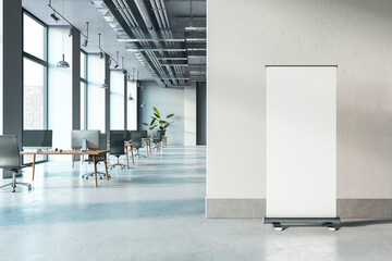 Modern office interior with furniture, panoramic windows with city view, empty white mock up roll...