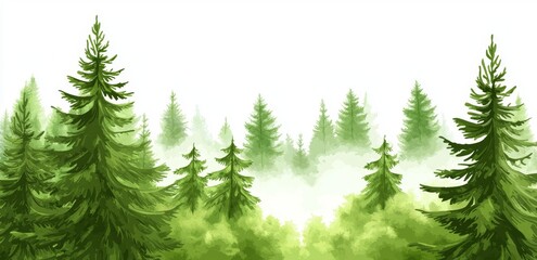 Obraz premium Watercolor painting of a forest landscape with christmas trees. Wide copy space.