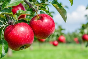 Obraz premium Growing in an organic orchard during sunrise are ripe red apples hung on tree branches.