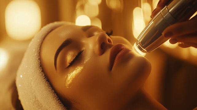 A professional cosmetic procedure, a woman's face is gently treated with an electric skin care tool, the beautician's hands are focused on the procedure, the calm atmosphere of the spa center.