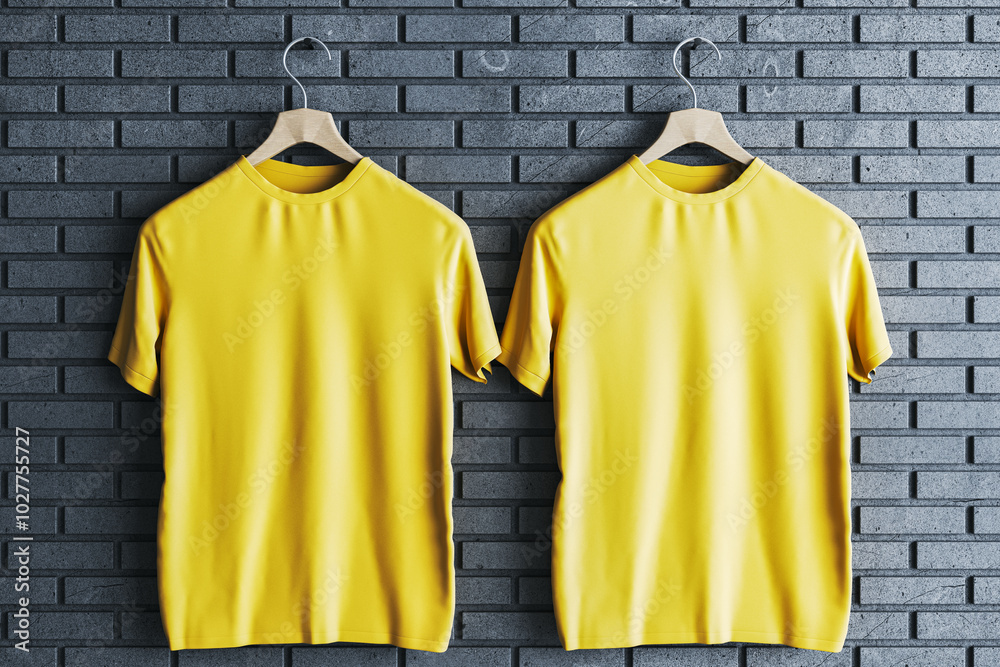 Aufkleber two empty yellow t-shirts on gray brick wall background. mock up place, advertisement concept. 3d re