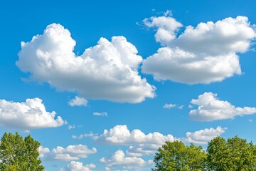 A summer sky with blue clouds and green treetops