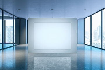 Modern empty spacious concrete office or exhibition hall interior with empty white mock up banner, panoramic windows and city view. 3D Rendering.