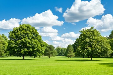 Fototapeta premium The tops of green trees are pictured against a background of blue sky and clouds in the summer