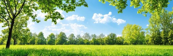 Fototapeta premium During the summer, the meadow is green, with trees and the sky above