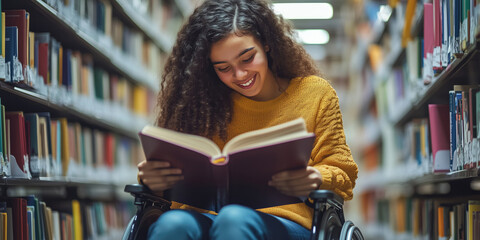 Happy cheerful disabled black school student in wheelchair reading a library book.