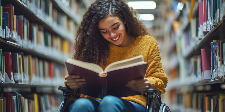Happy cheerful disabled black school student in wheelchair reading a library book.