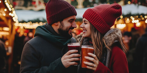 Romantic couple drinking hot red mulled wine with spices and fruits on Christmas market.