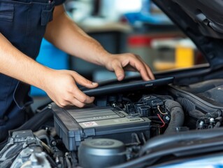 Mechanic using digital tablet while examining car engine