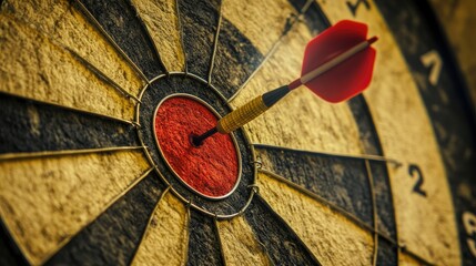 Close-up shot of a dartboard showing a dart in the bullseye, representing focused business goals