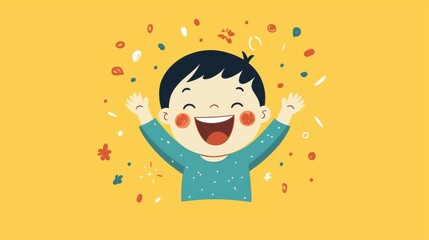 A joyful child celebrates, expressing happiness and excitement with cheerful confetti around them in a bright, colorful environment.