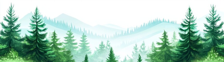 Fototapeta premium The landscape of a forest with pine trees and spruce dotted in the background is a panoramic view. The forest is a white background with pine, spruce, and Christmas trees in silhouette.