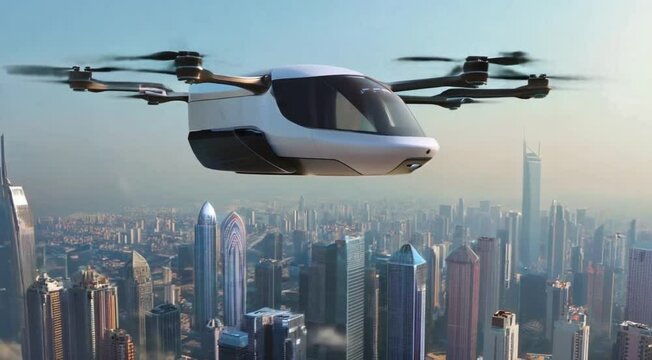 Flying taxi glides over futuristic city skyline during afternoon with modern architecture and vibrant city life