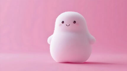 A fluffy white character with a friendly smile stands on a pink background.