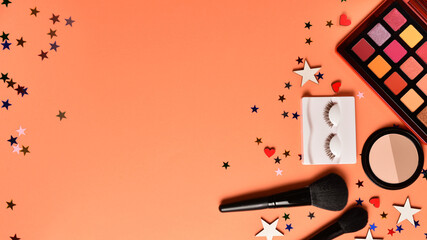 Professional trendy makeup products with cosmetic beauty products,  eye shadows, eye lashes,...