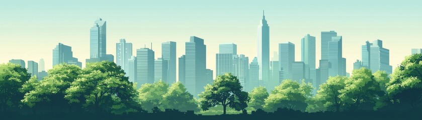 Obraz premium A serene city skyline with lush greenery in the foreground, showcasing the harmony of nature and urban life.