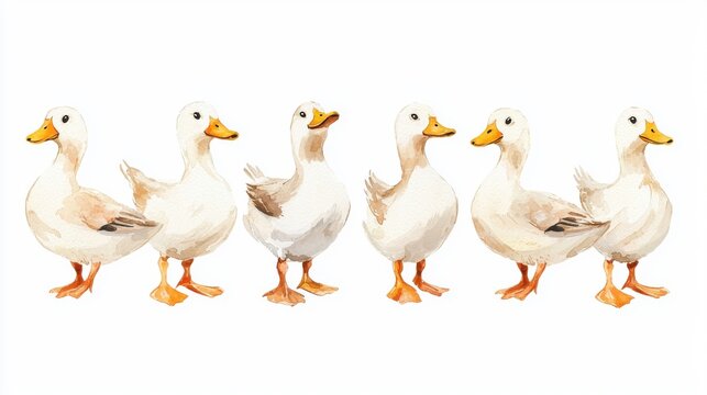A charming illustration of five playful ducks standing in a row, showcasing their whimsical and cheerful nature.